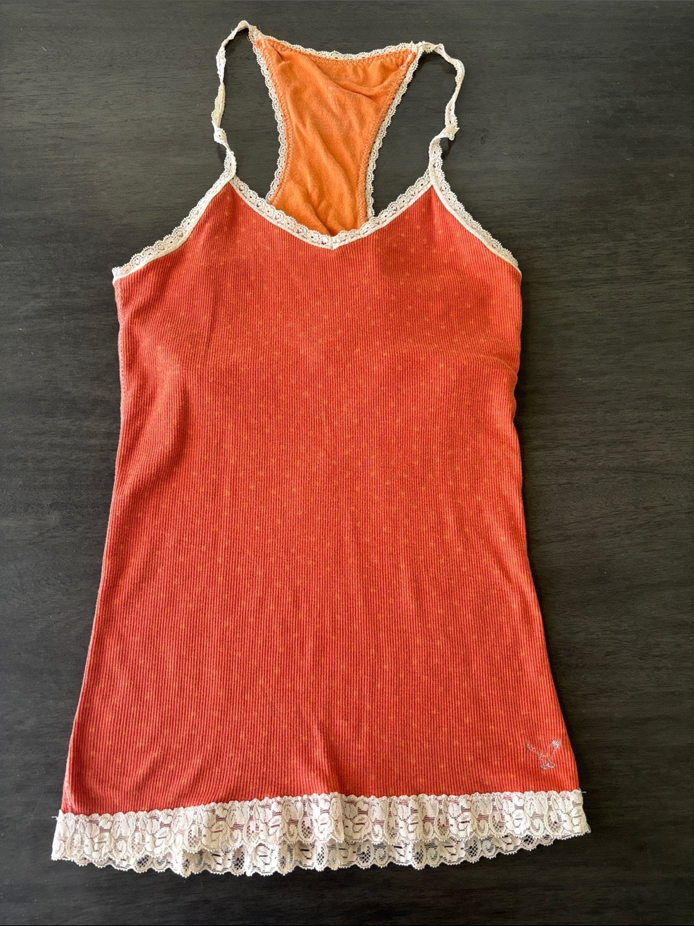 Y2K American eagle Lace Trim Coral-Orange Ribbed Racerback tank top